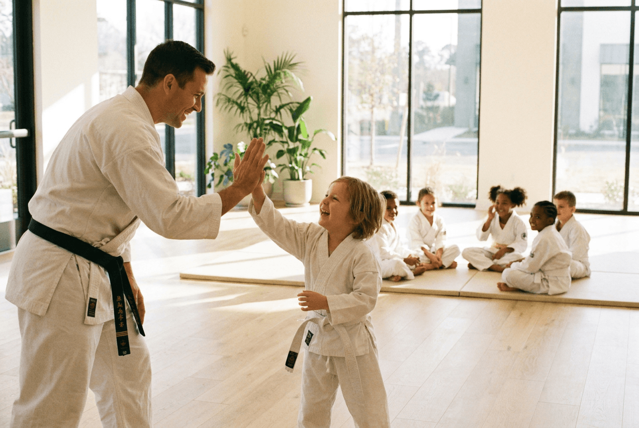 Trainer klatscht mit einem Kind im Gi ab