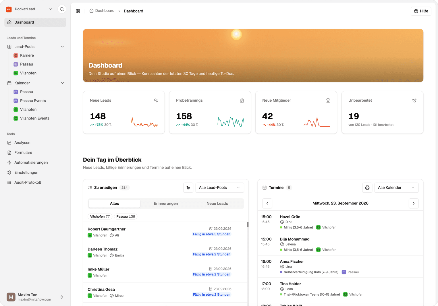 RocketLead-Dashboard: Kennzahlen der letzten 30 Tage, fällige Erinnerungen und die Termine des Tages