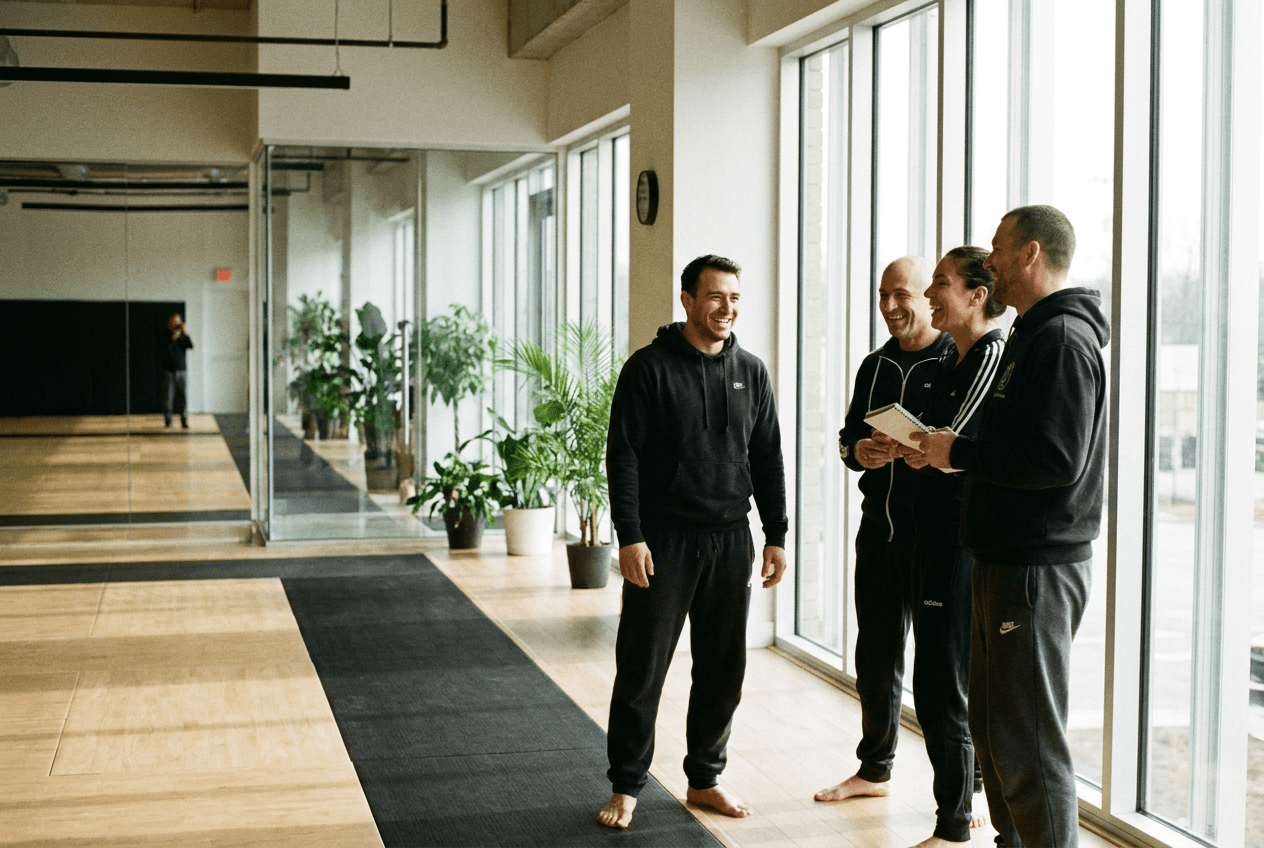 Vier Trainer stehen lachend am Fenster einer hellen Trainingshalle