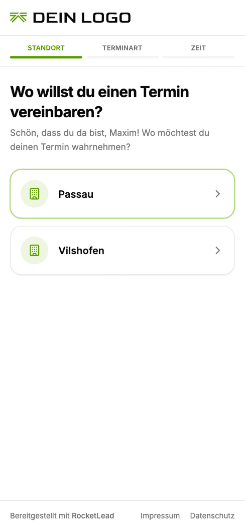 Das Buchungsportal aus Sicht des Interessenten: erst der Standort, dann Terminart und Zeit